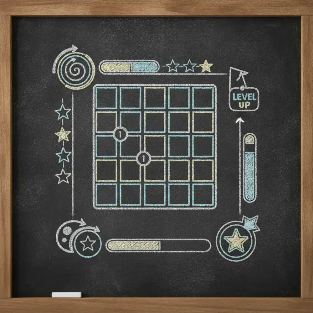 A beautifully drawn word puzzle game interface on a dark chalkboard background