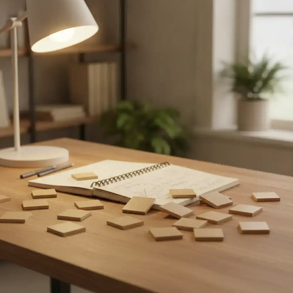 Wooden letter tiles scattered on a desk with a notebook