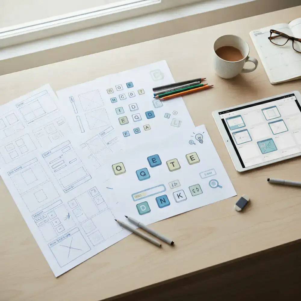 Wireframes and word game UI development sketches spread on a desk