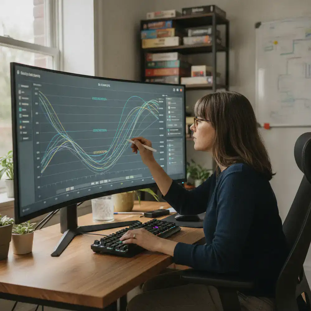 Game designer adjusting difficulty curves on a monitor