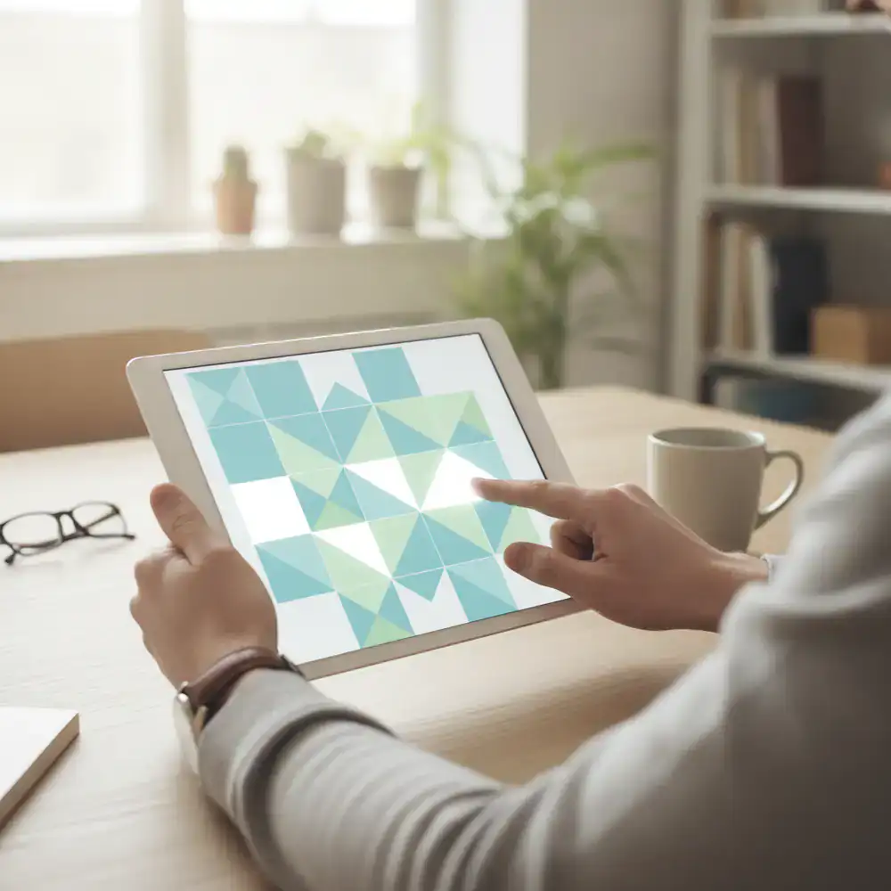 User testing the word puzzle interface on a tablet
